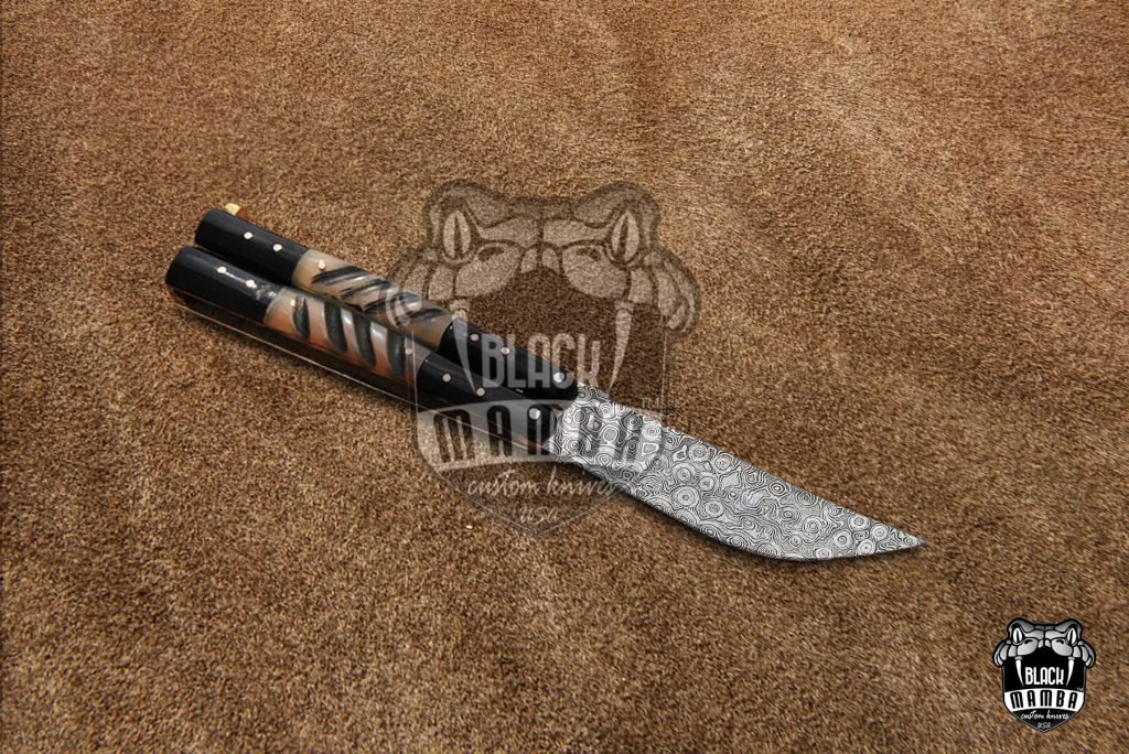 DB-17 Damascus Balisong Butterfly Knife with Ram Horn and Resin Handle Handmade Original Traditional Filipino Butterfly Batanga Knife  black mamba knives USA - Image 4