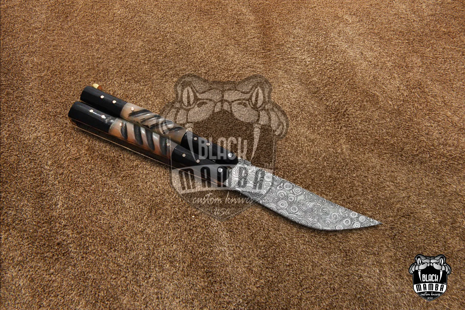 Filipino Balisong Butterfly Knife - Damascus Balisong Butterfly & Ram Horn & Resin - view 5