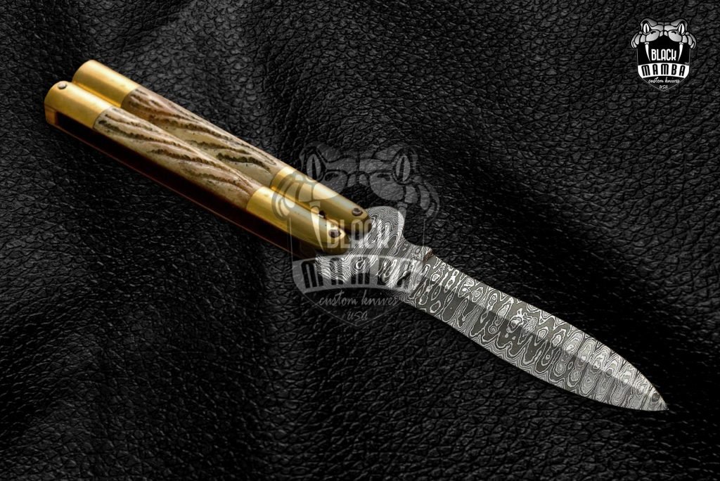 DB-02 Damascus Balisong Butterfly Knife Original Traditional Filipino Butterfly Batanga Knife with beautifulshiunny brass and ram horn handl - Image 3