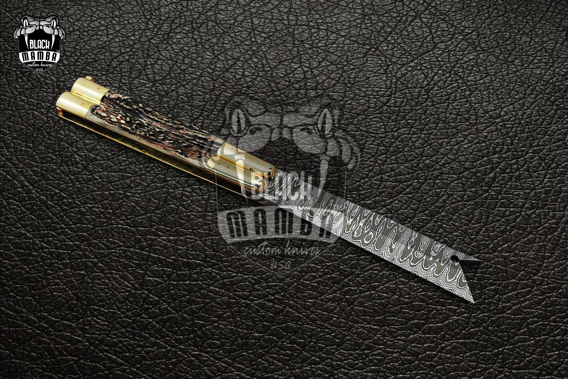 Damascus Filipino Balisong Butterfly Knife – Stag, Brass Handle | DB-21 - view 5