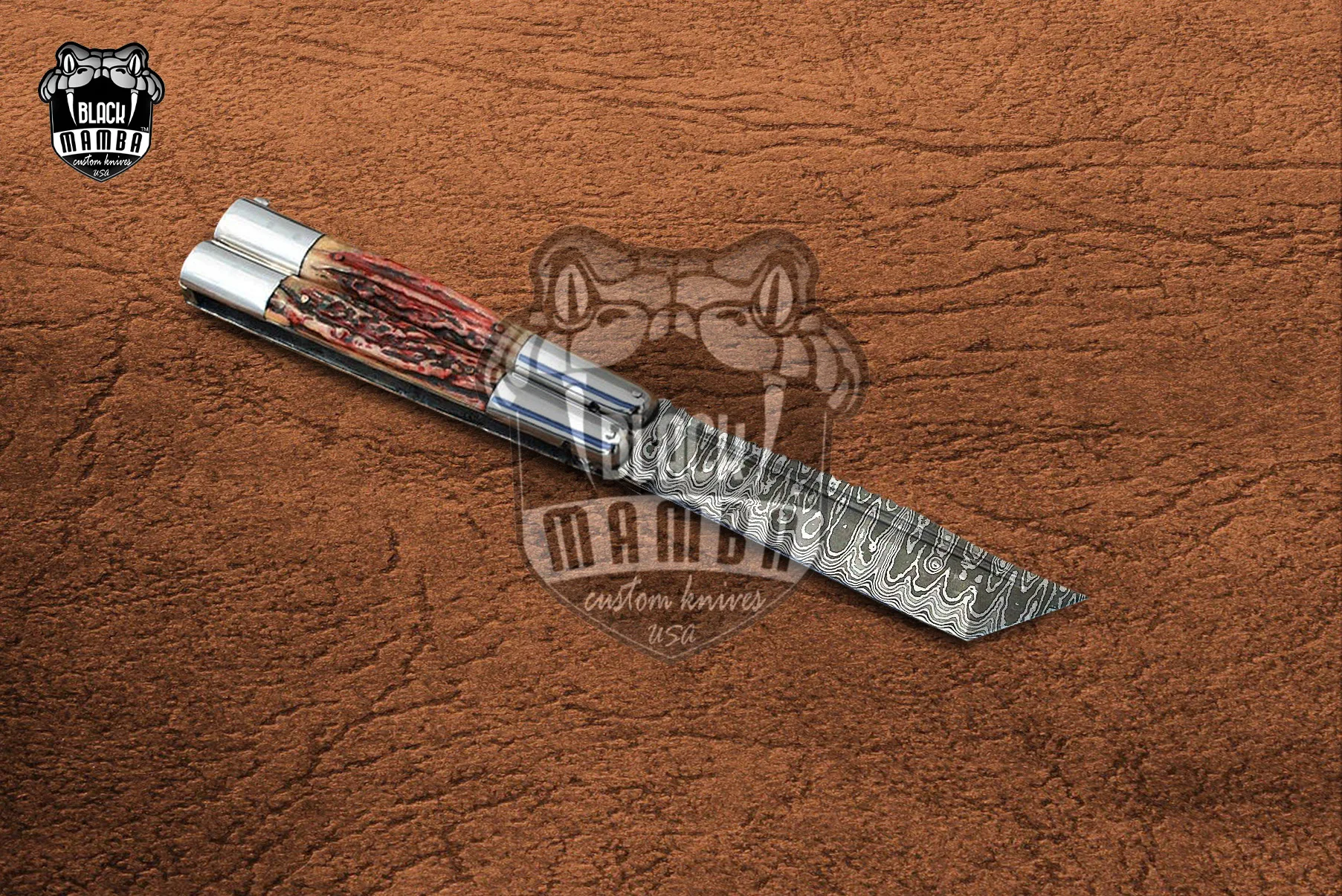 Damascus Balisong Butterfly Knife – Stag Handle | DB-23 - view 3