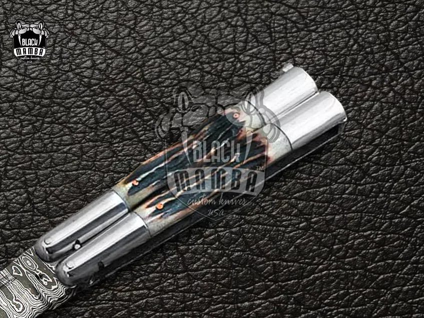Damascus Balisong Butterfly Knife – Stag Handle | DB-24 - view 4