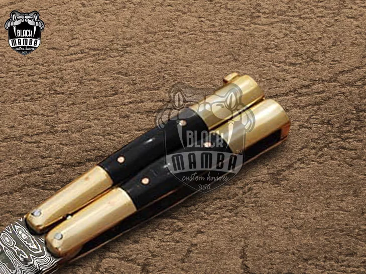 Damascus Balisong Butterfly Knife – Bull Horn, Brass Handle, 6.2″ Overall | DB-27 - view 5