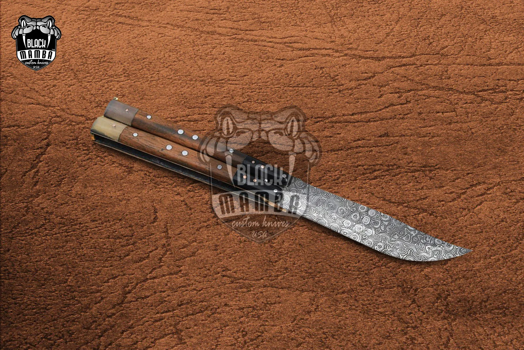 Damascus Balisong Butterfly Knife with Beautiful Handle Handmade Original Traditional Filipino Butterfly Batanga Knife Black Mamba Knives USA | DB-28 - view 5