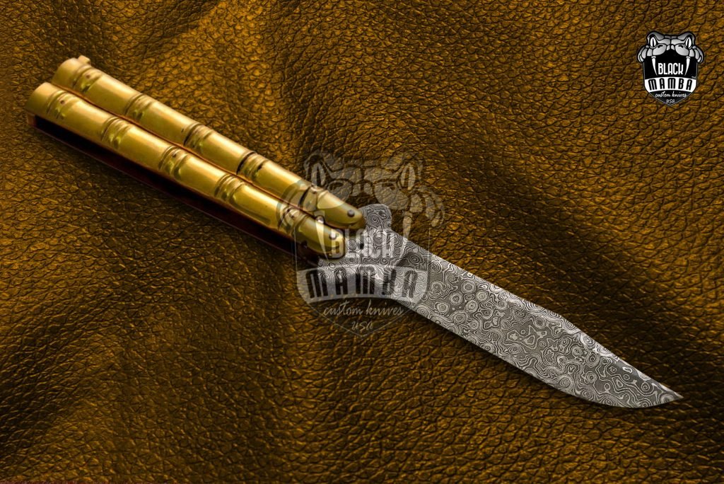 DB-03 Damascus Balisong Butterfly Knife Original Traditional Filipino Butterfly Batanga Knife with handmade brass handle - Image 2