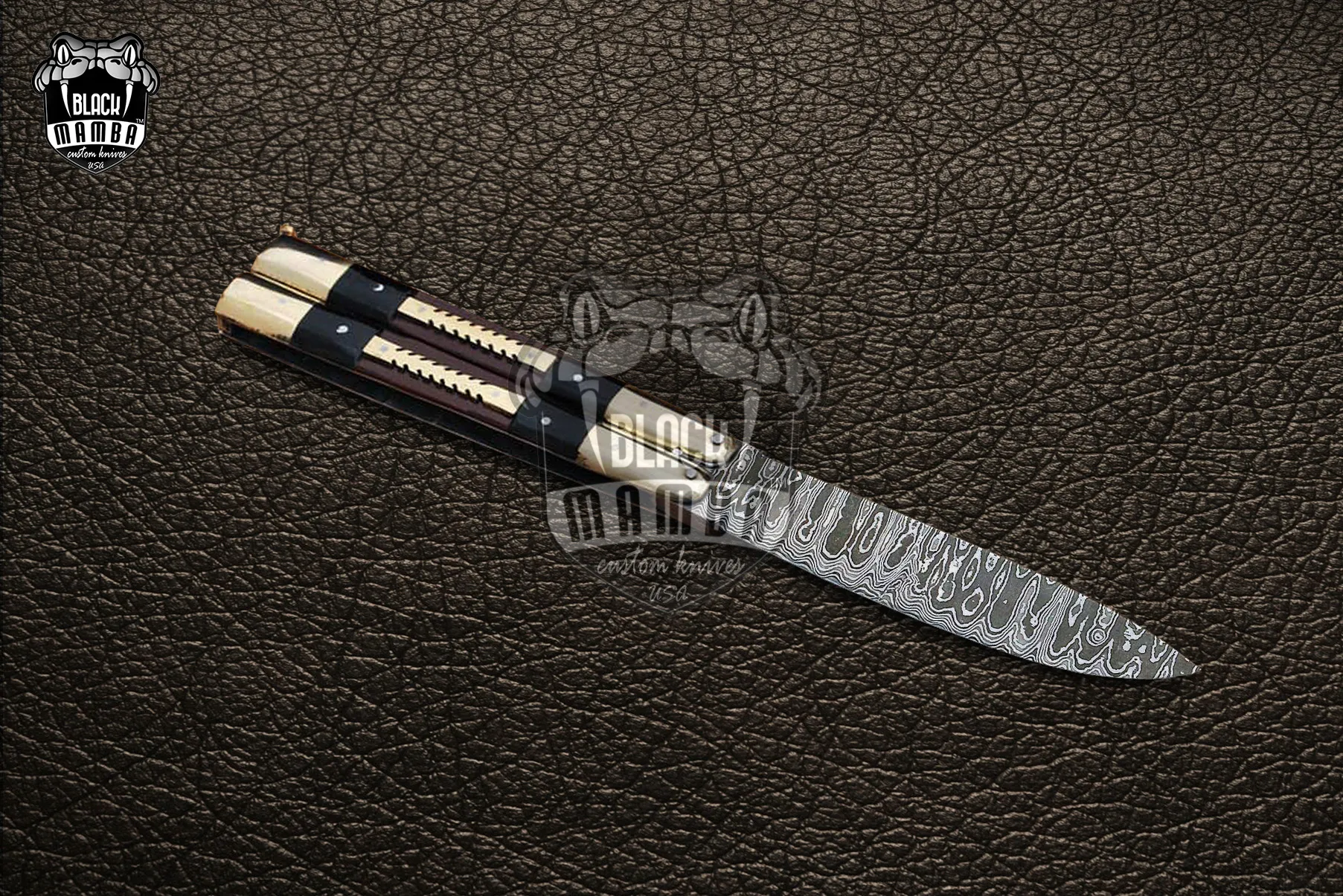Damascus Balisong Butterfly Knife – Beautiful Brass Handle, 9.4″ Overall | DB-30 - view 3