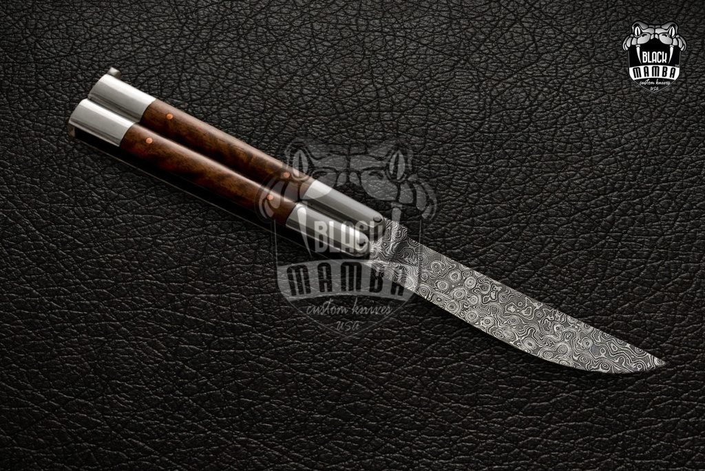 DB-04 Damascus Balisong Butterfly Knife Original Traditional Filipino Butterfly Batanga Knife with handmade steel bolster and wooden handle - Image 2