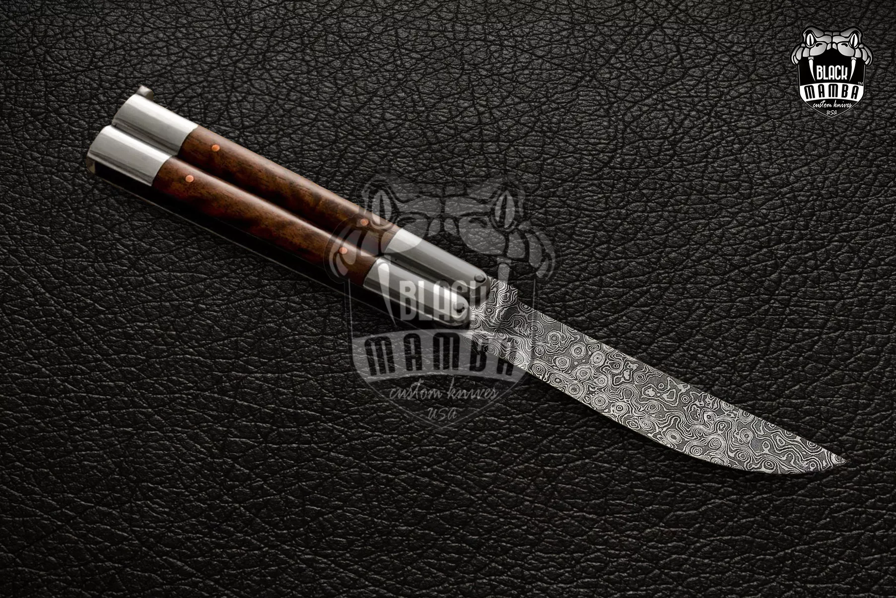 Damascus Balisong Butterfly Knife – Handmade Steel Bolster & Wood Handle, 9.4″ Overall | DB-04 - view 3