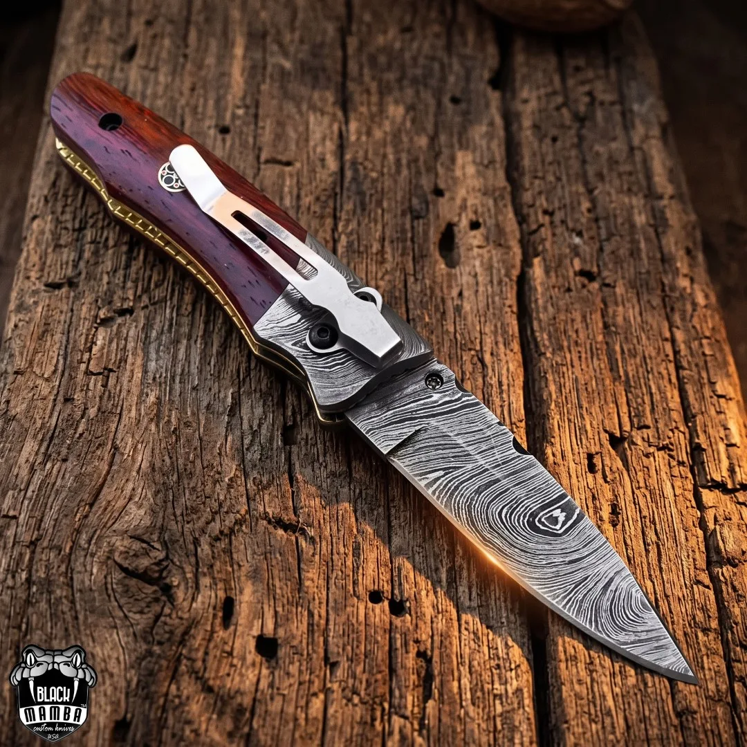 Laticauda - Damascus Folding Pocket Knife, 7″ Overall, Wood Handle
