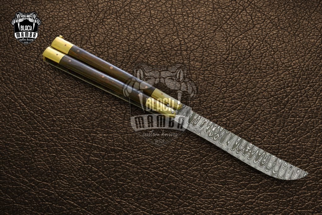 DB-05 Damascus Balisong Butterfly Knife Original Traditional Filipino Butterfly Batanga Knife with handmade brass handle and wooden handle - Image 2