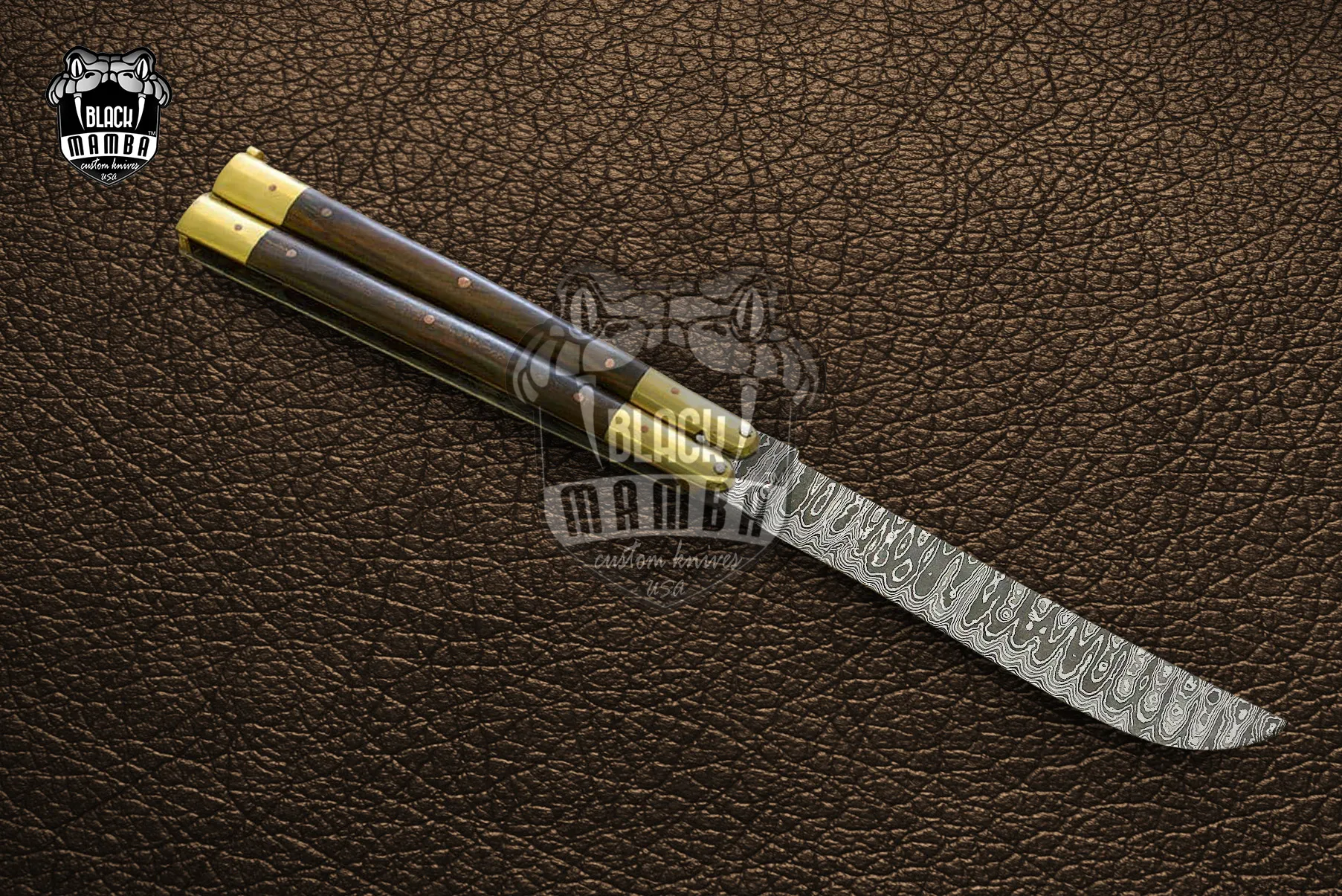 Damascus Balisong Butterfly Knife – Handmade Brass & Wood Handle, 11.4″ Overall | DB-05 - view 3