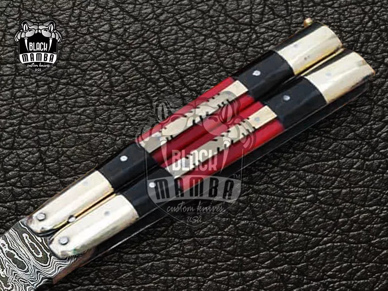 Damascus Balisong Butterfly Knife – Handmade Brass & Red Dragon Handle, 8.6″ Overall | DB-08 - view 4