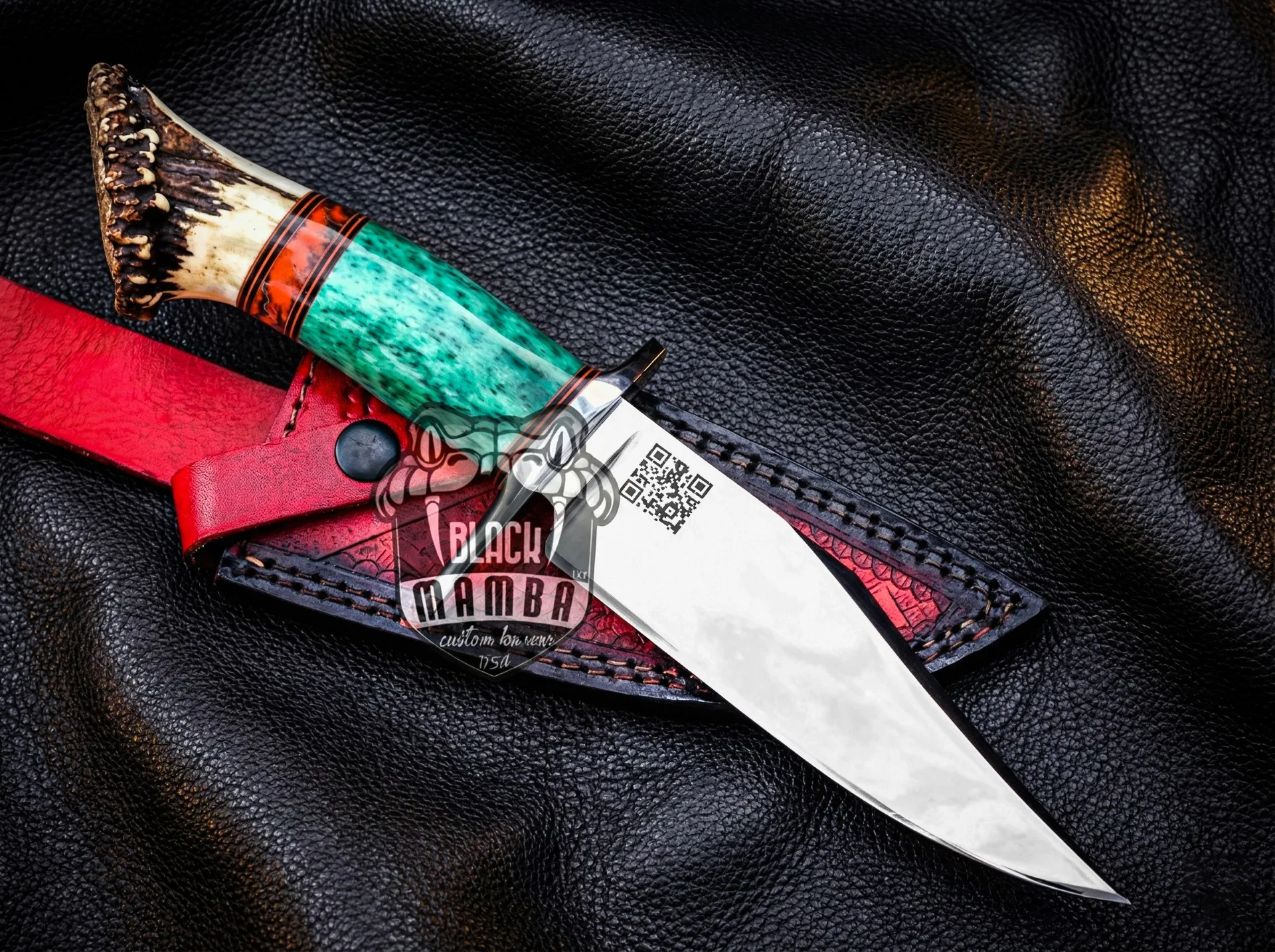 Green Lizard - Damascus Hunting Knife, 11.54″ Overall, Stag Handle