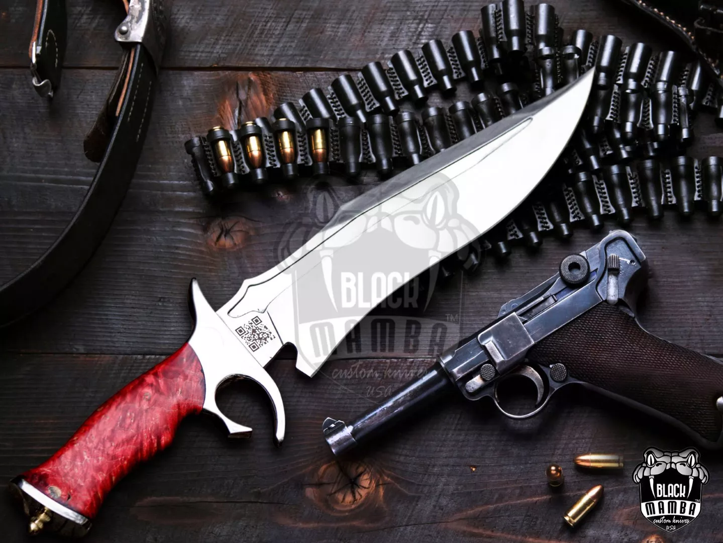 Red Dragon - Damascus Bowie Knife, 19″ Overall, Wood Handle