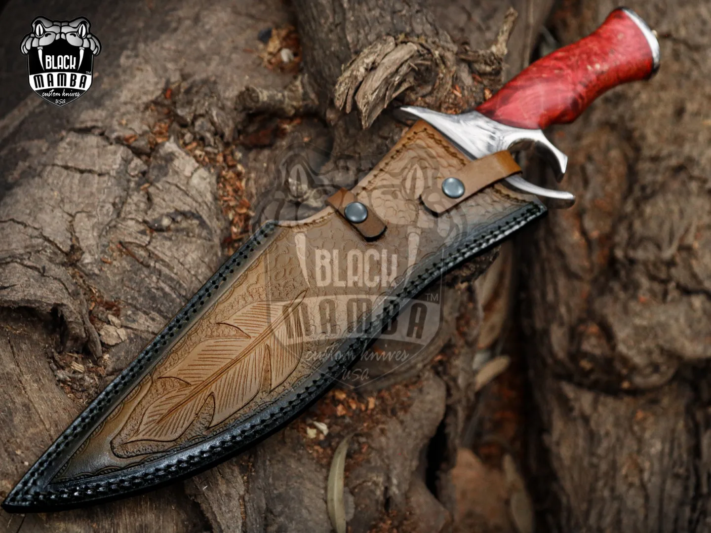 Red Dragon - Damascus Bowie Knife, 19″ Overall, Wood Handle - view 2