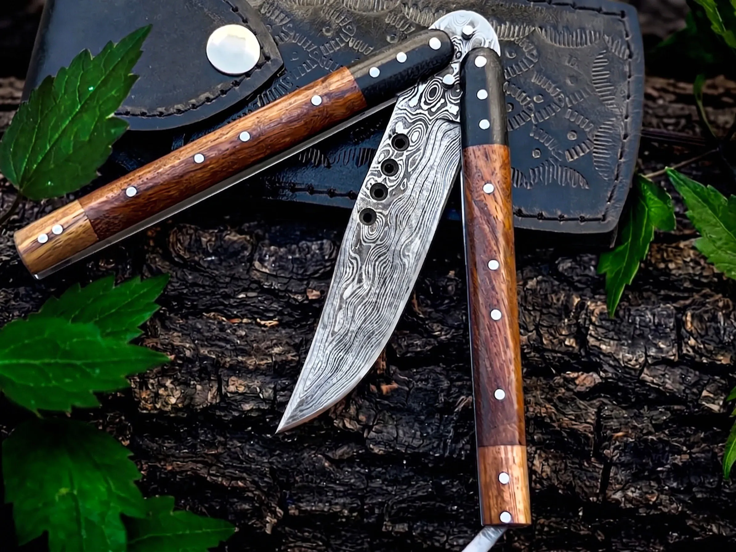 Damascus Balisong Butterfly Knife with Beautiful Wooden Handle Rain Drop Pattern Handmade Original Traditional Filipino Butterfly Batanga Knife Black Mamba Knives USA | DB-29 - view 2
