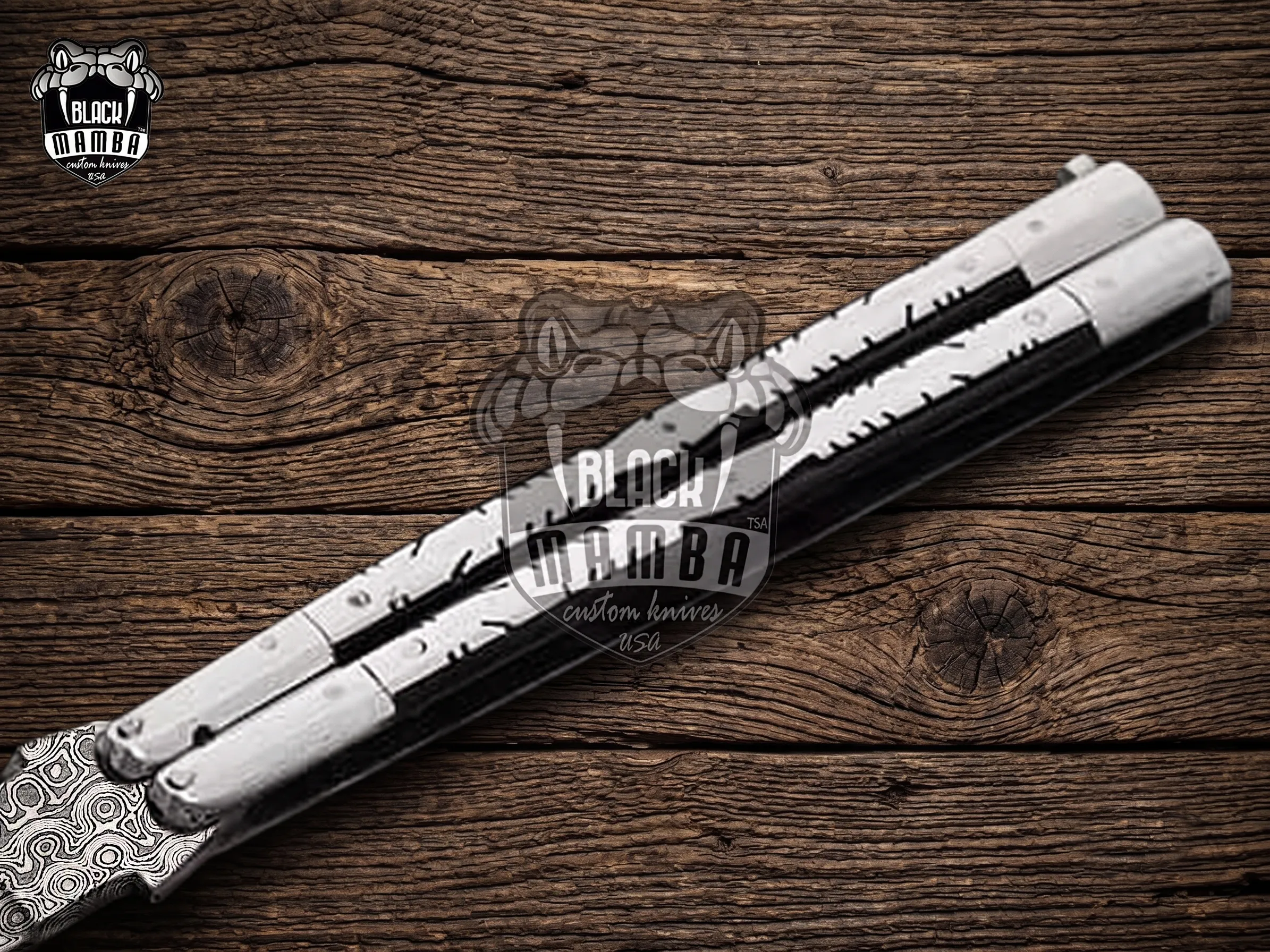 Damascus Balisong Butterfly Knife Original Traditional Filipino Butterfly Batanga Knife with Handmade Steel and Raindrop Handle Black Mamba Knives USA | DB-12 - view 2