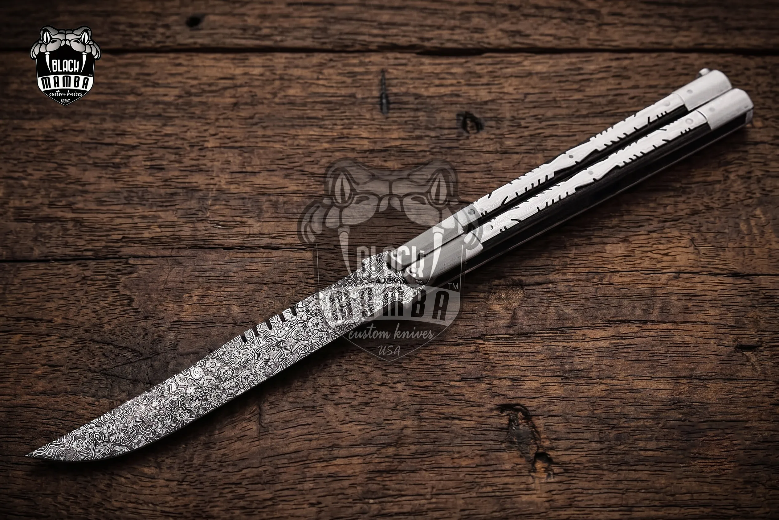 Damascus Balisong Butterfly Knife Original Traditional Filipino Butterfly Batanga Knife with Handmade Steel and Raindrop Handle Black Mamba Knives USA | DB-12