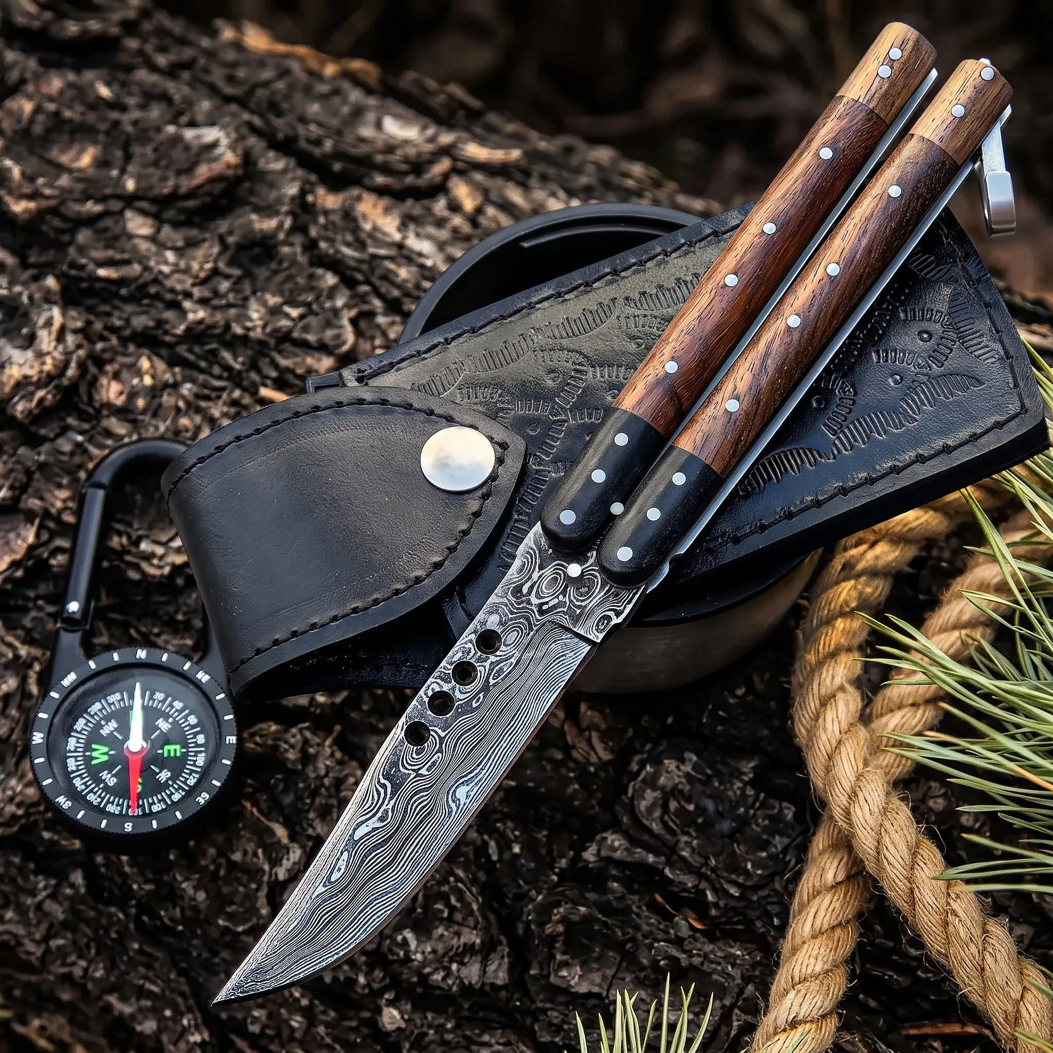 Damascus Balisong Butterfly Knife with Beautiful Wooden Handle Rain Drop Pattern Handmade Original Traditional Filipino Butterfly Batanga Knife Black Mamba Knives USA | DB-29 - view 3