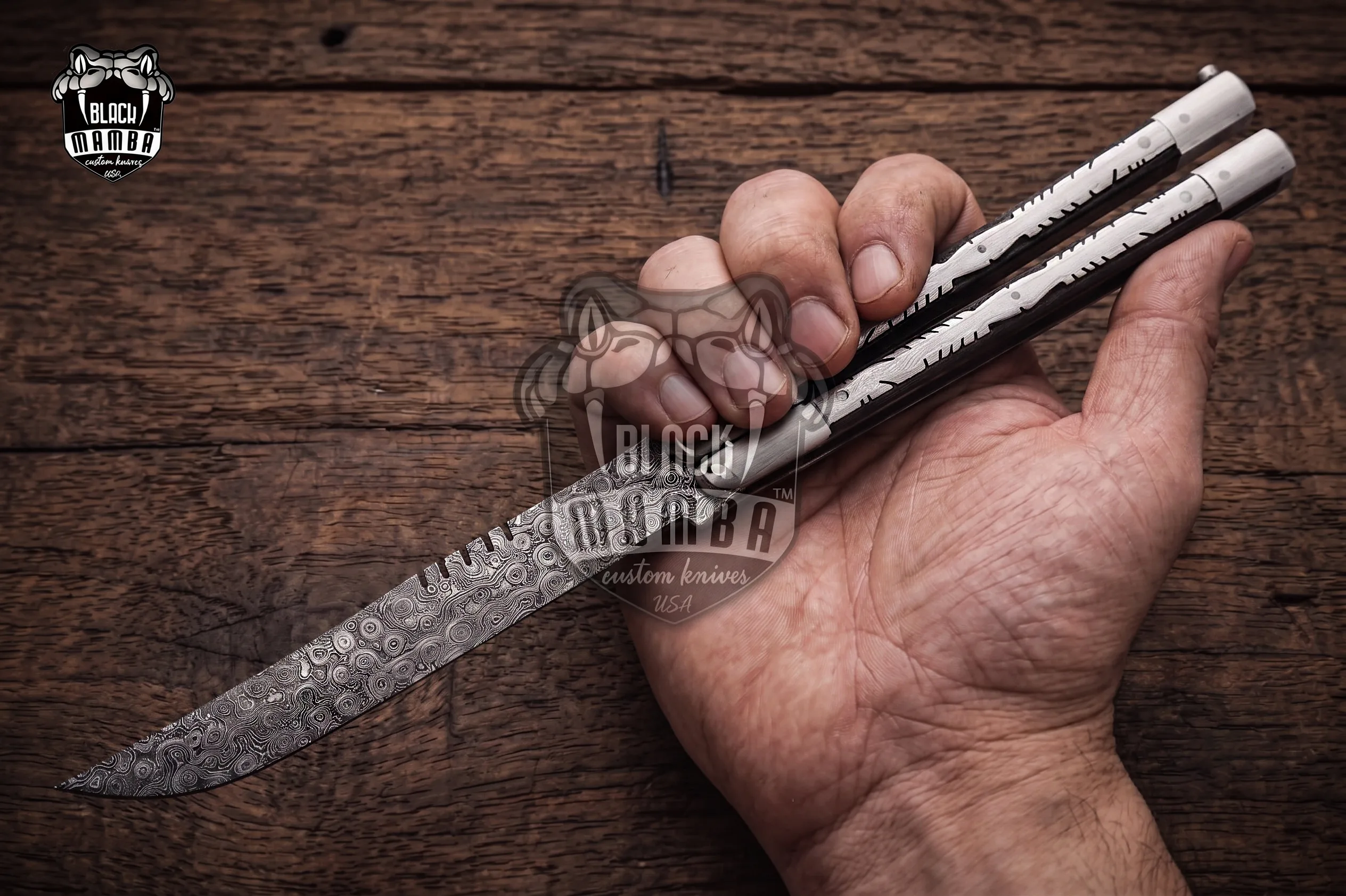 Damascus Balisong Butterfly Knife – Handmade Steel & Raindrop Pattern Handle, 11.4″ Overall | DB-12 - view 3