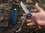 DB-29 Damascus balisong butterfly knife with raindrop-pattern wood handle, 9.4" overall