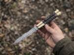 Damascus Balisong Butterfly Knife with Beautiful Brass and Stag Handle Rain Drop Pattern Handmade Original Traditional Filipino Butterfly Batanga Knife Black Mamba Knives USA | DB-22