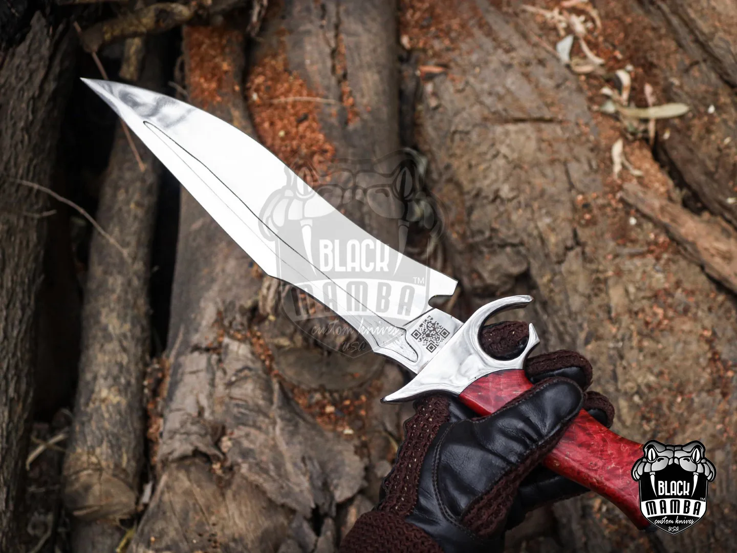 Red Dragon - Damascus Bowie Knife, 19″ Overall, Wood Handle - view 3
