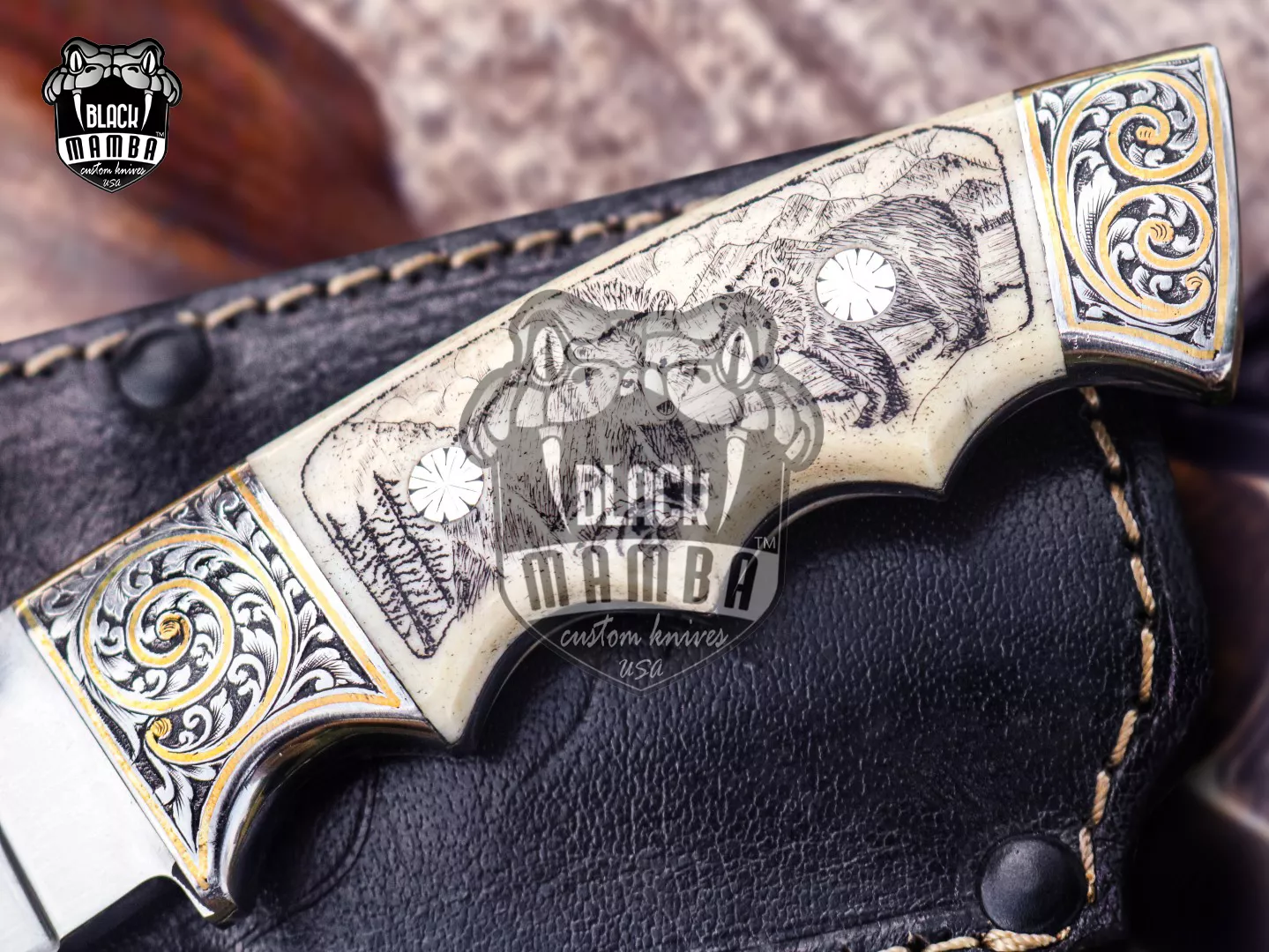 Grizzly Bear - Damascus Hunting Knife, 8″ Overall, Bone Handle - view 5