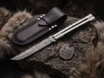 Damascus Balisong Butterfly Knife with Handmade Steel and Raindrop Handle BMK-DB-12 with its leather sheath
