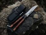 Damascus Balisong Butterfly Knife with Wooden Handle Rain Drop Pattern BMK-DB-29 with its leather sheath