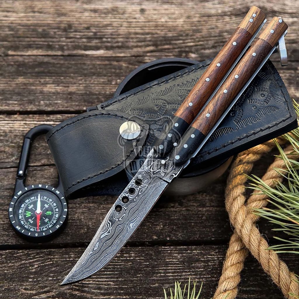 DB-29 Damascus Balisong Butterfly Knife with Beautiful Wooden Handle rain drop pattern Handmade Original Traditional Filipino Butterfly Batanga Knife black mamba knives USA