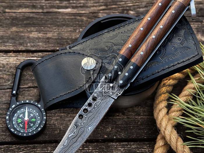 DB-29 Damascus Balisong Butterfly Knife with Beautiful Wooden Handle rain drop pattern Handmade Original Traditional Filipino Butterfly Batanga Knife black mamba knives USA