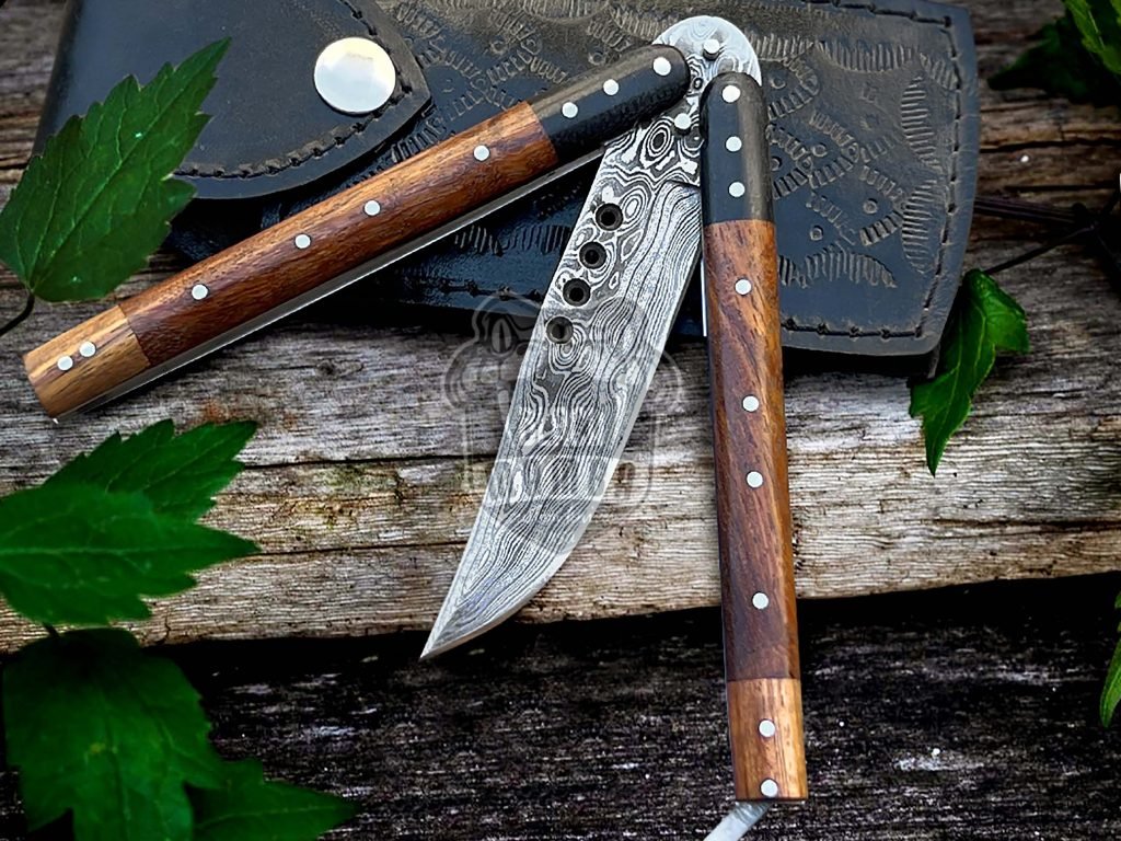 DB-29 Damascus Balisong Butterfly Knife with Beautiful Wooden Handle rain drop pattern Handmade Original Traditional Filipino Butterfly Batanga Knife black mamba knives USA - Image 3