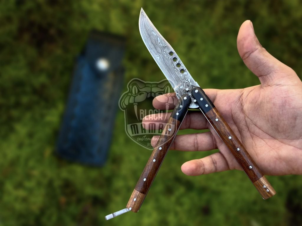 DB-29 Damascus Balisong Butterfly Knife with Beautiful Wooden Handle rain drop pattern Handmade Original Traditional Filipino Butterfly Batanga Knife black mamba knives USA - Image 2