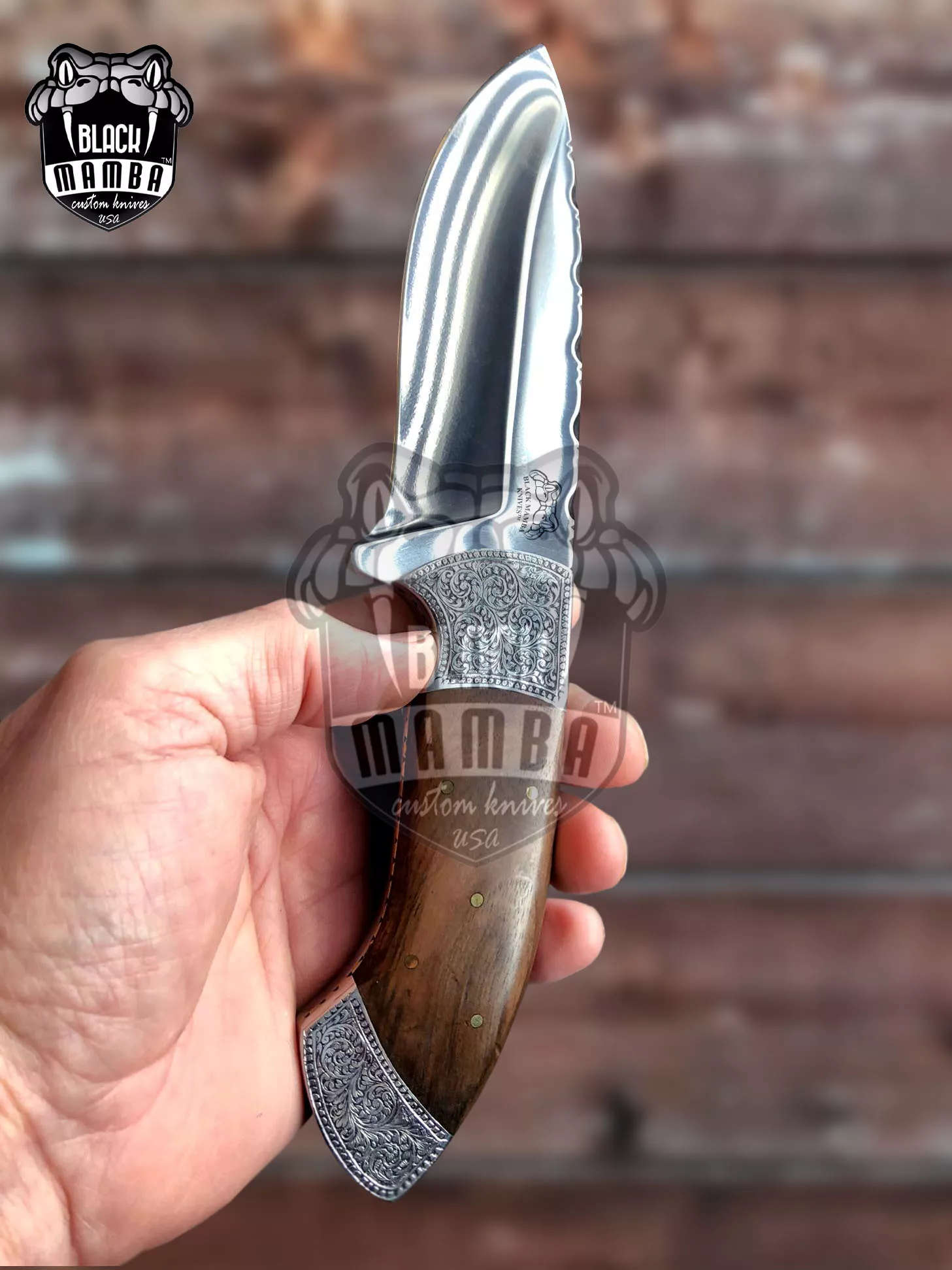Gavial - Damascus Hunting Knife, 9.8″ Overall, Stabilized Wood Handle