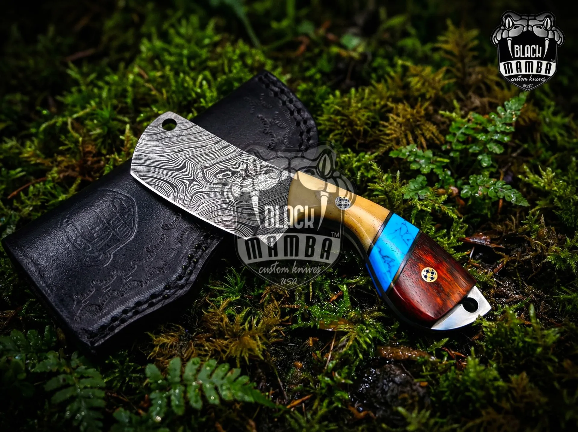 Mavado Cleaver Blade - Damascus Skinning Knife, 5.5″ Overall, Wood Handle
