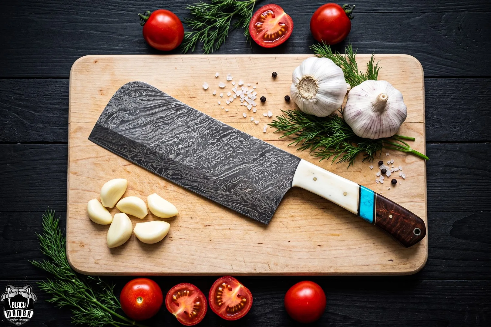 African Buffalo – Damascus Cleaver, 12″ Overall, Wood Handle