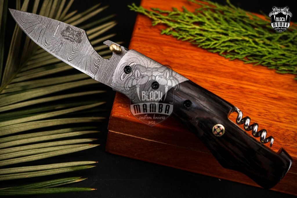 BLACK MAMBA KNIVES Bmk-449 4.3" Closed 3.2"Blade Pocket Knife Hunting Knife Wengy wood handle with Damascus bolsters - Image 2