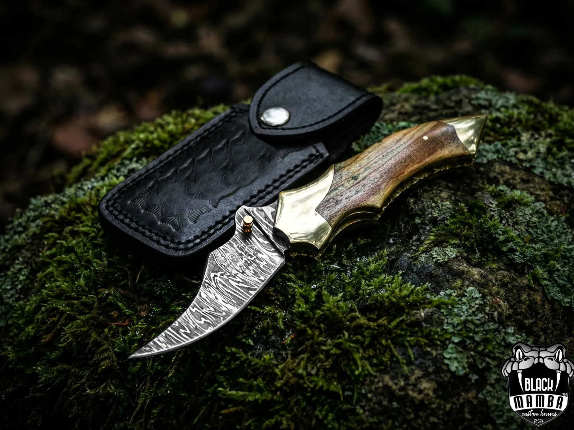Damascus Folding Pocket Knife, 9″ Overall, Walnut Wood Handle with Brass Bolster - view 2