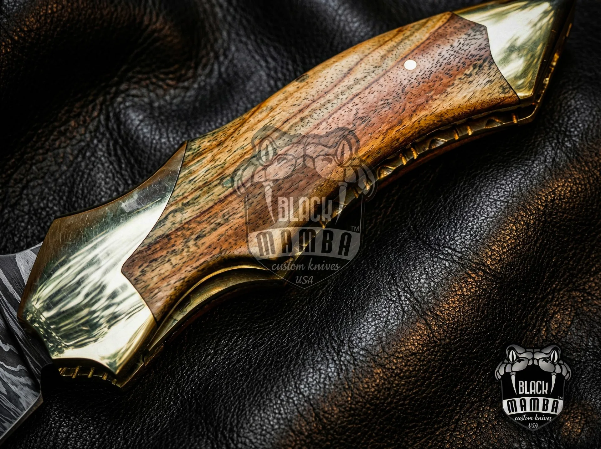 Damascus Folding Pocket Knife, 9″ Overall, Walnut Wood Handle with Brass Bolster - view 11