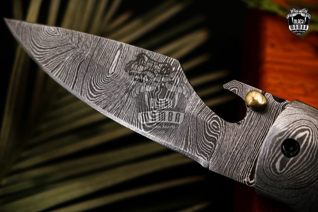 BLACK MAMBA KNIVES Bmk-449 4.3" Closed 3.2"Blade Pocket Knife Hunting Knife Wengy wood handle with Damascus bolsters - Image 3