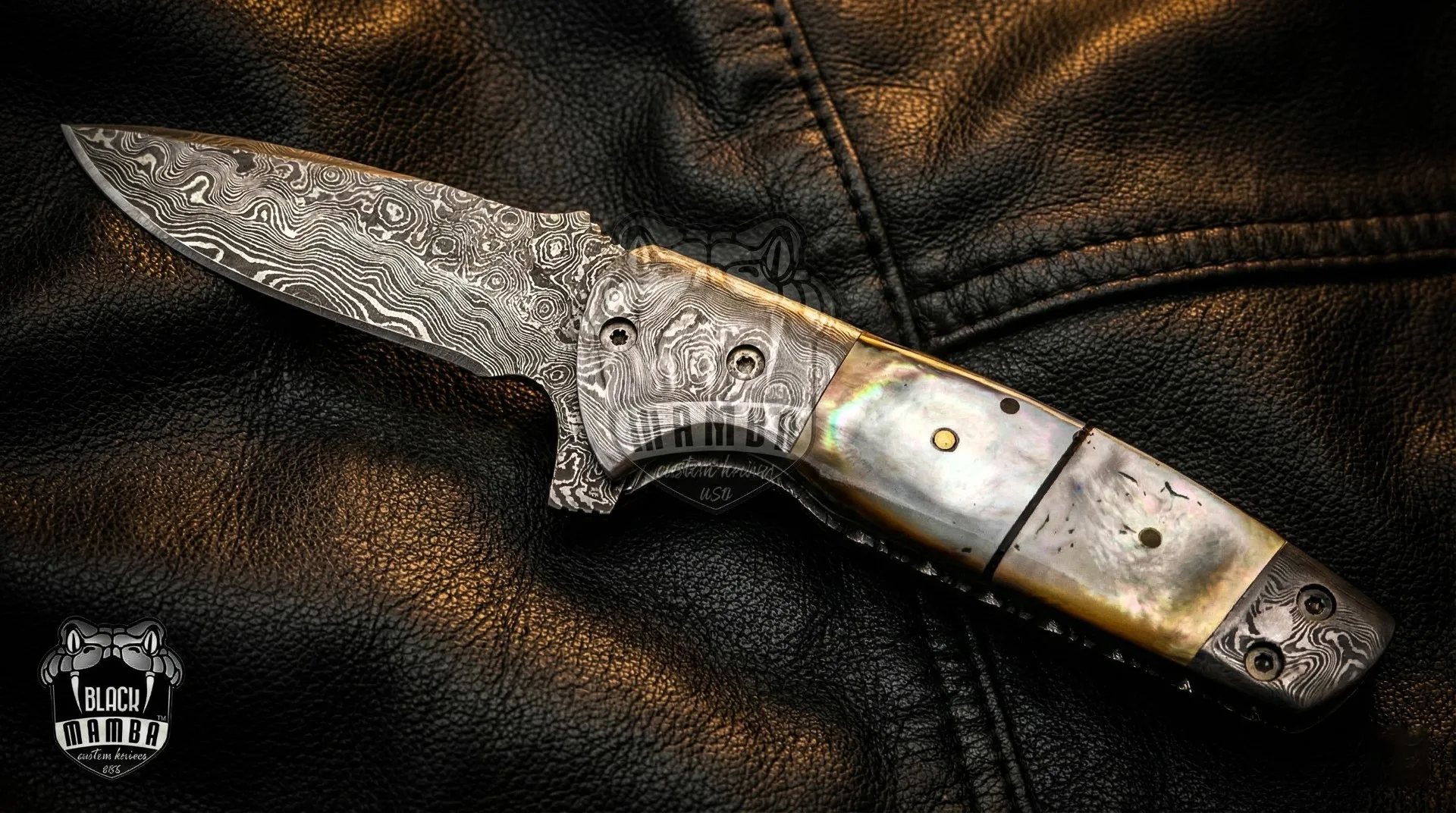 Pearl Shell Handle – Damascus Folding Pocket Knife, 7″ Overall - view 2