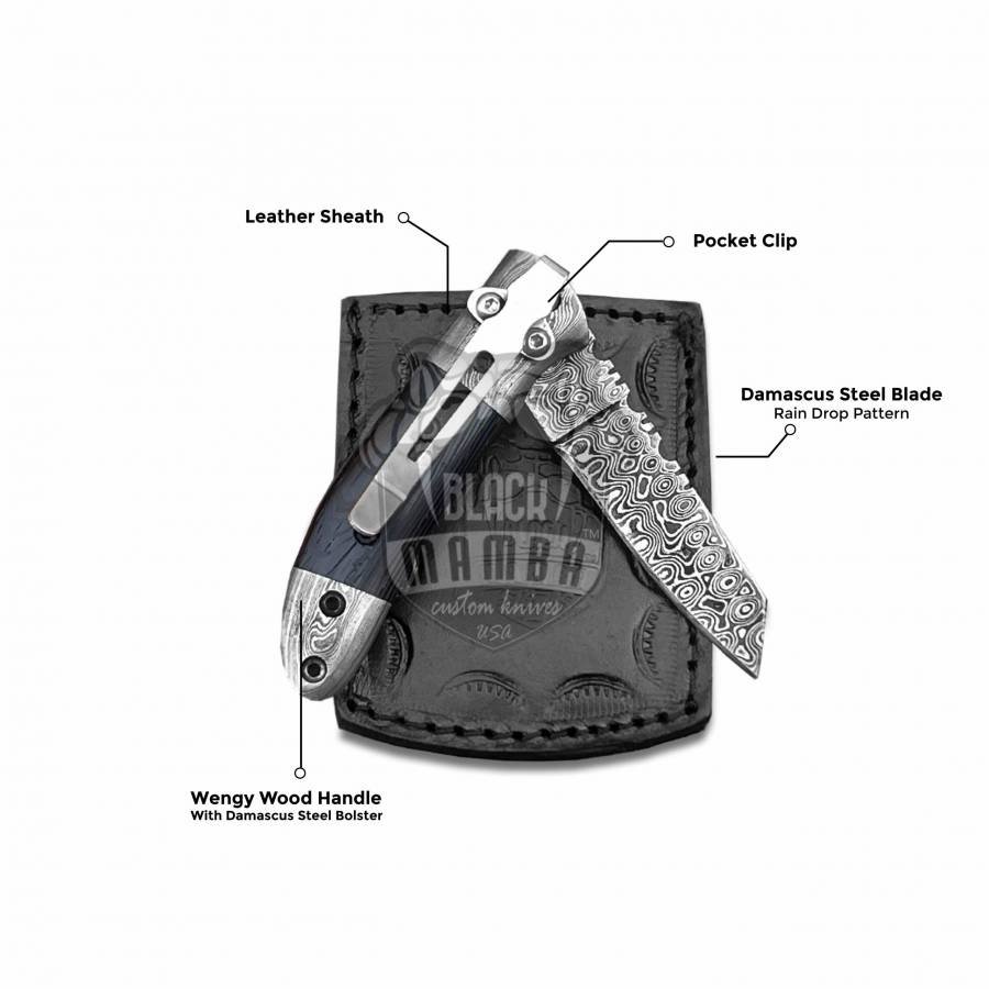 BMK-412 Crocodile 6.25″ Long 3″Blade” 2oz Damascus Pocket Knife Handmade Damascus Pocket Folding Knife Black Mamba Hand Made World Class Knives - Image 4