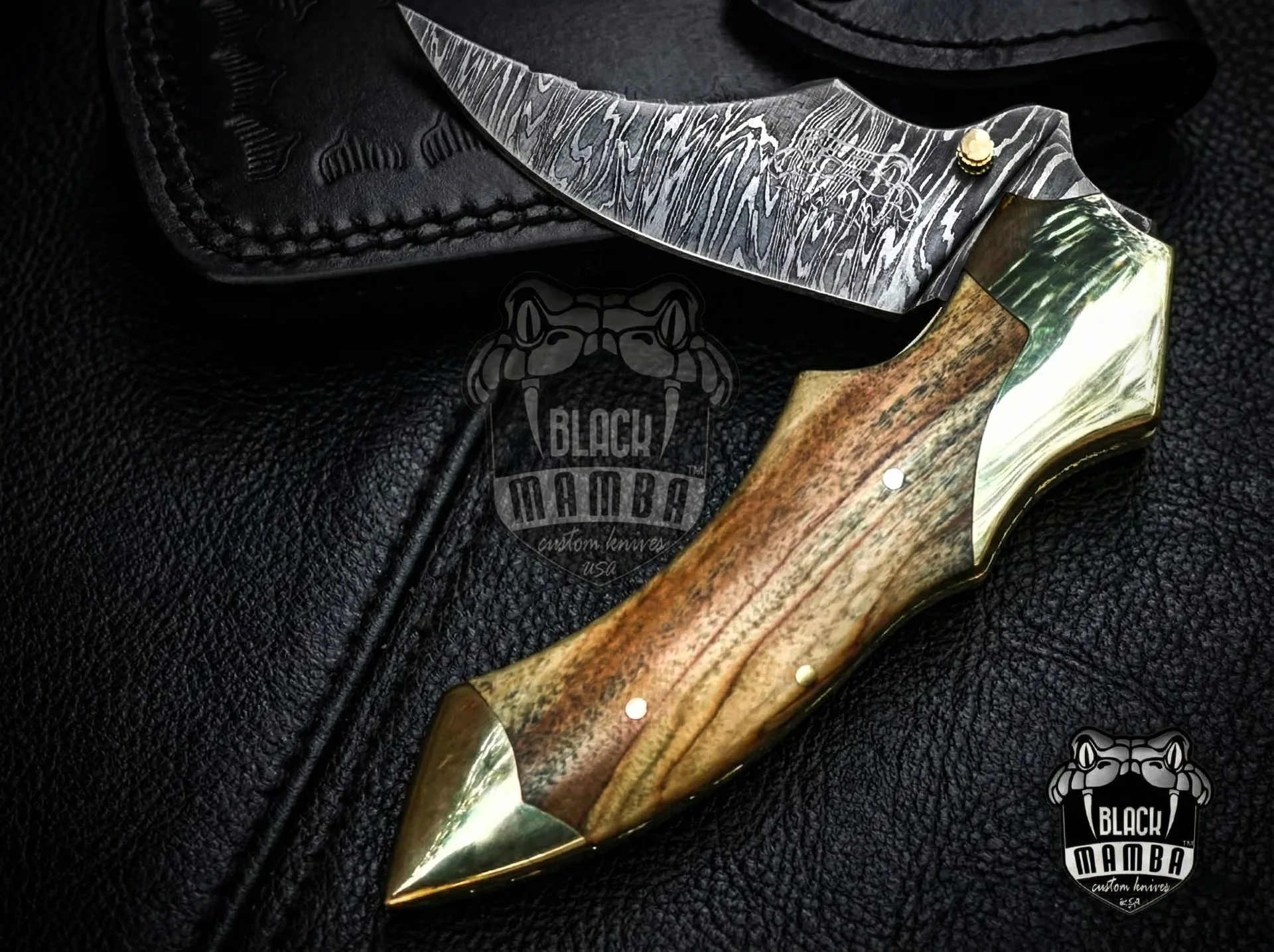 Damascus Folding Pocket Knife, 9″ Overall, Walnut Wood Handle with Brass Bolster - view 4