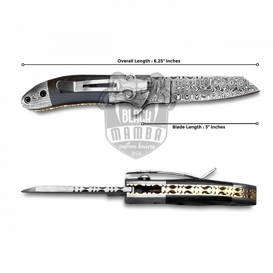 BMK-412 Crocodile 6.25″ Long 3″Blade” 2oz Damascus Pocket Knife Handmade Damascus Pocket Folding Knife Black Mamba Hand Made World Class Knives - Image 5