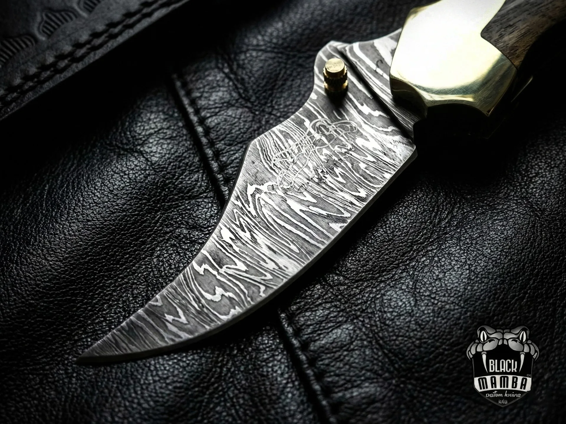 Damascus Folding Pocket Knife, 9″ Overall, Walnut Wood Handle with Brass Bolster - view 5
