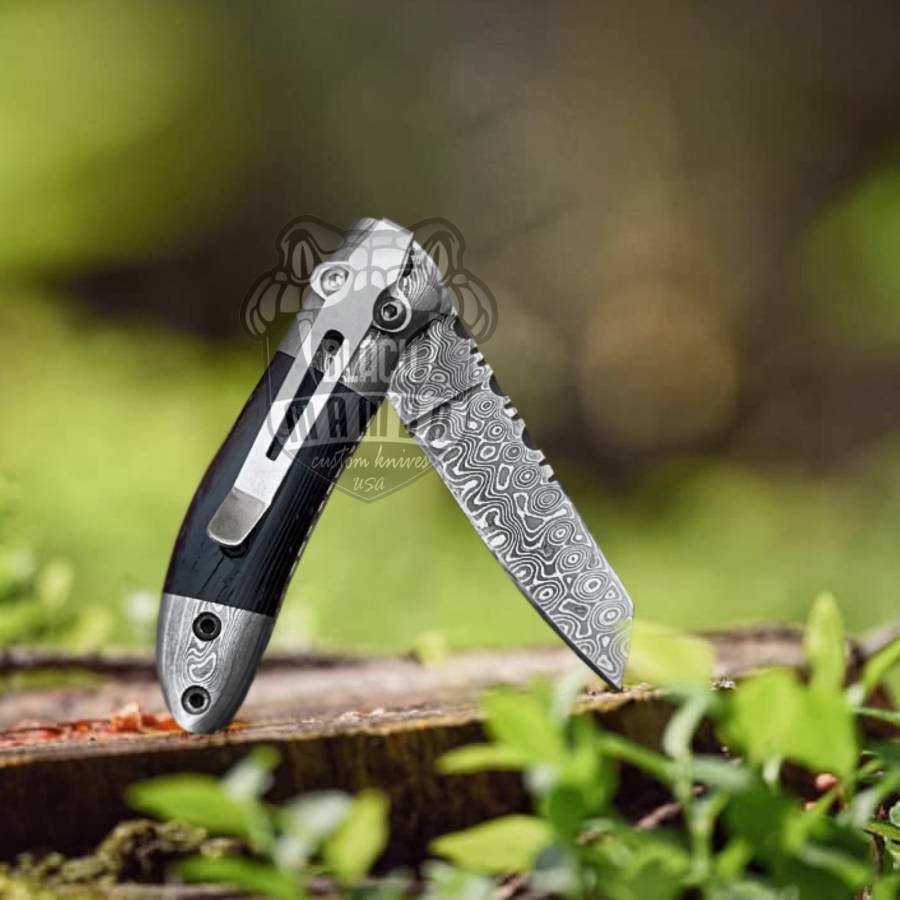 BMK-412 Crocodile 6.25″ Long 3″Blade” 2oz Damascus Pocket Knife Handmade Damascus Pocket Folding Knife Black Mamba Hand Made World Class Knives - Image 2