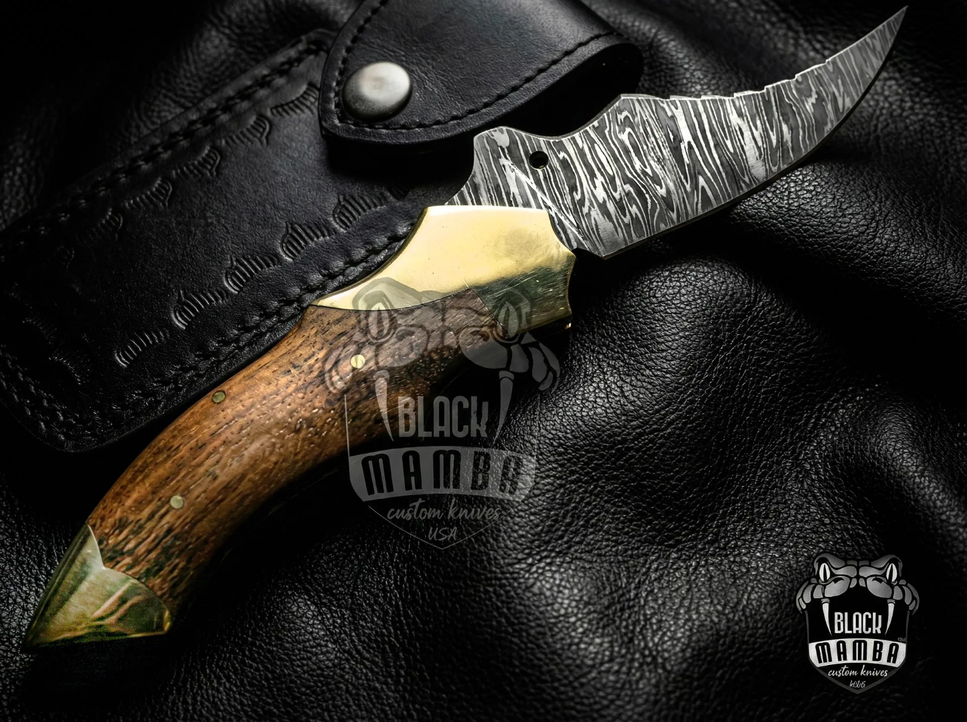 Damascus Folding Pocket Knife, 9″ Overall, Walnut Wood Handle with Brass Bolster - view 6