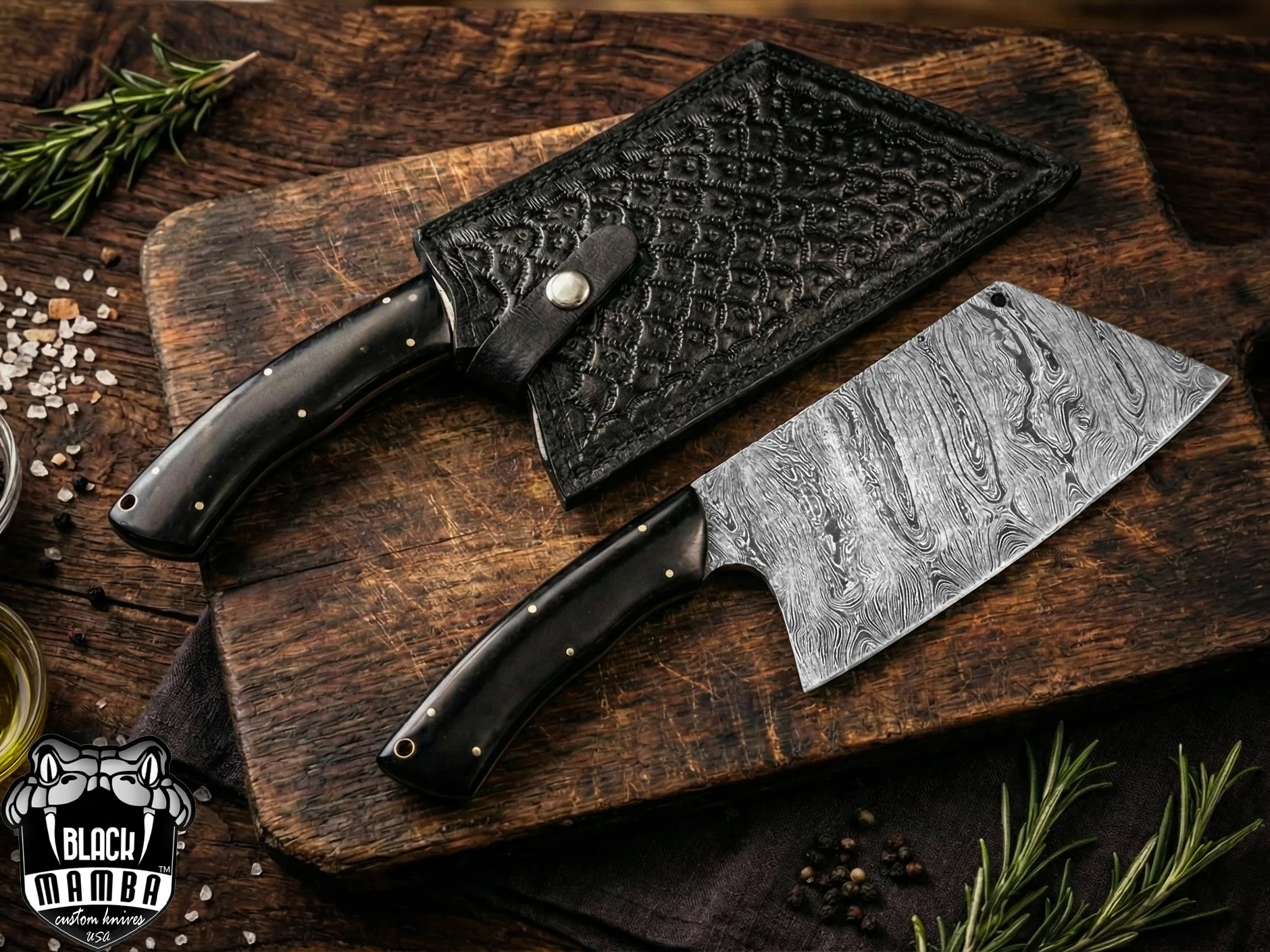 Black Panther Chef - Damascus Cleaver, 13″ Overall, Buffalo Horn Handle - view 5