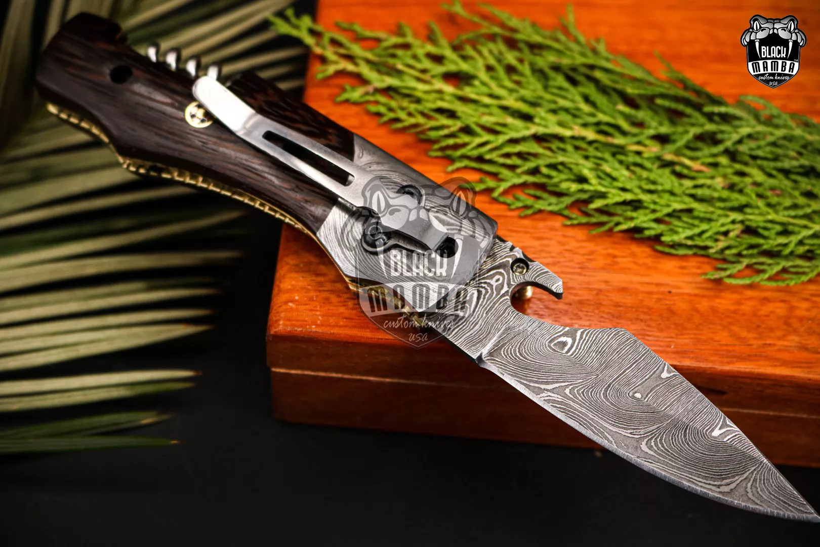 Signature - Damascus Gut Hook Hunting Knife, 9″ Overall, Wood Handle